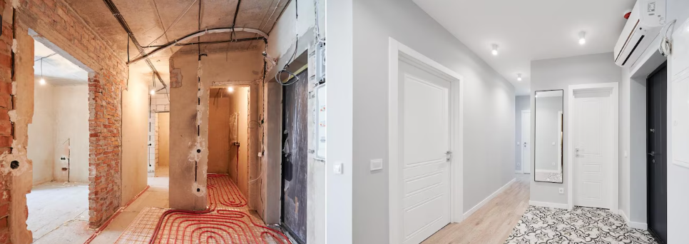 En esta foto se muestra un antes y despues de una obra. Materiales de construcción en Benidorm