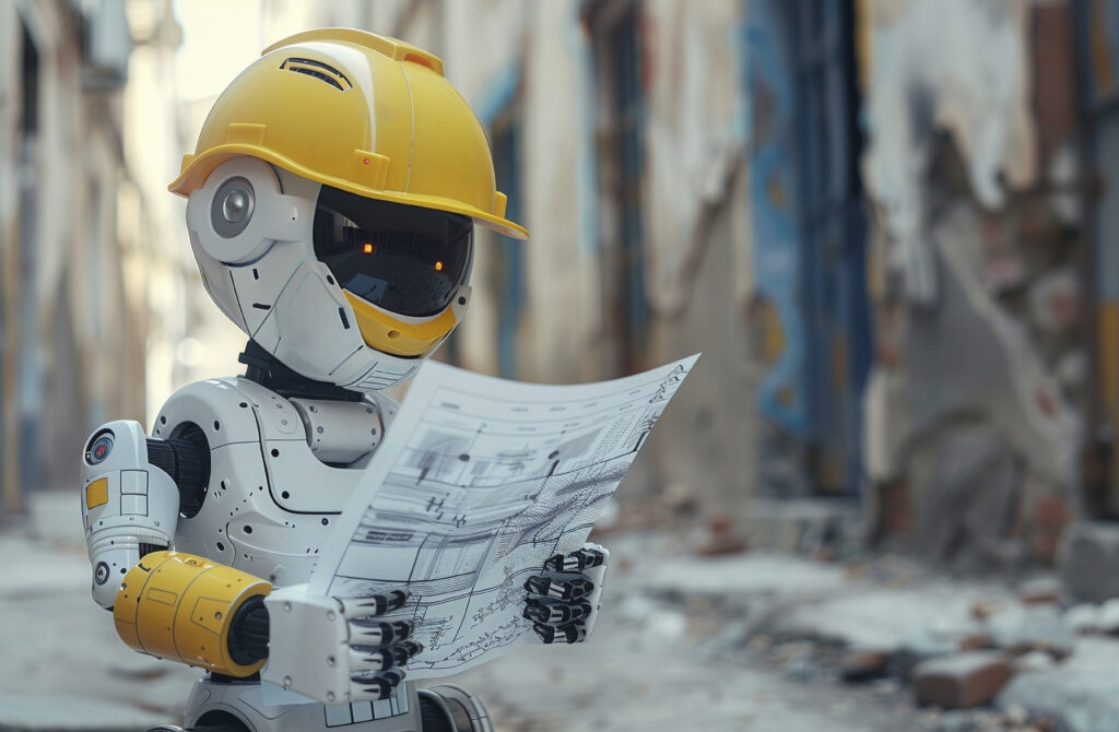 Sale un robot obrero mirando un plano